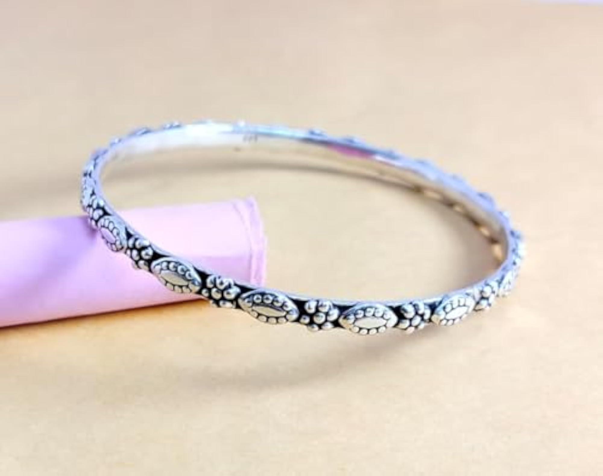 Women's 925 Sterling Silver Flower and Leaf Design Oxidized Bangles
